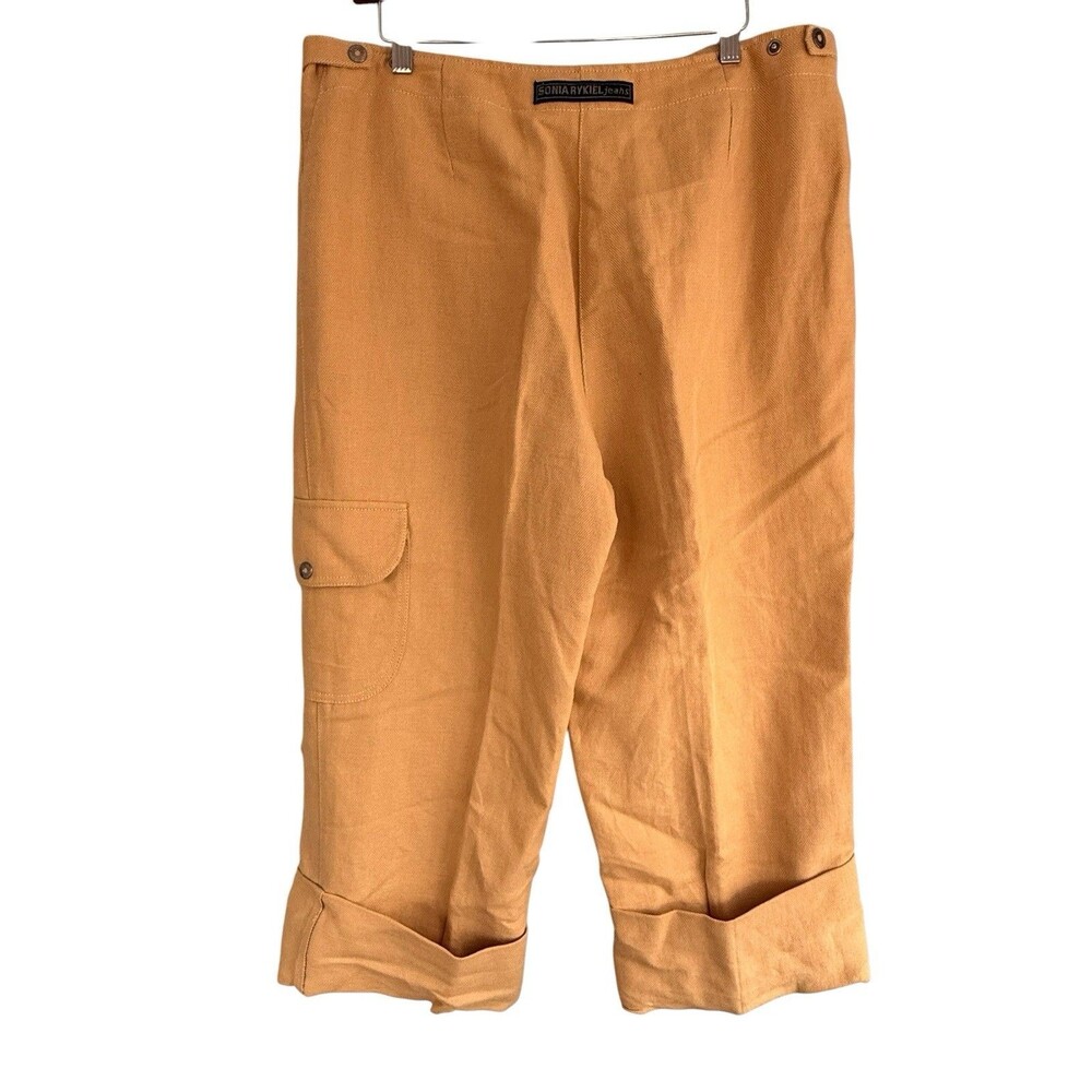 Sonia Rykiel Wide Leg Pants Trousers Cotton Linen Herringbone Mustard Button fly